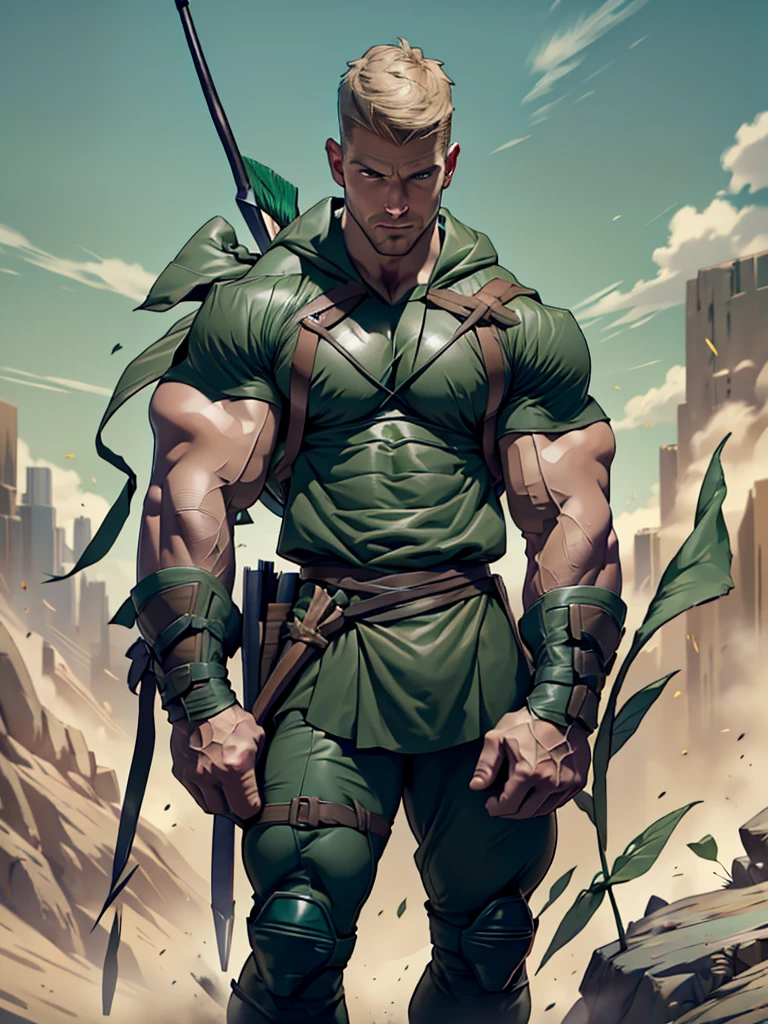 32k, high quality , detailed face , detailed fingers ,detailed muscles  stephen amell as green arrow , wearing dark green outfit   , showing a dark blond short hair , a thick facial hair , a bulge ,hunk and handsome, aiming with his bow and arrow toward the ennemy , with the quiver on his back full of arrows