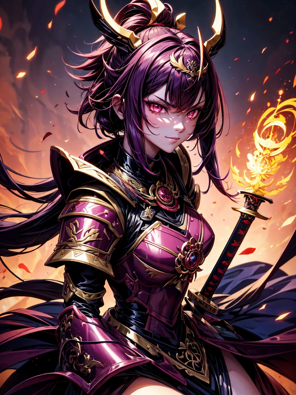 best quality,4K,high resolution),Ultradetailliert,realistisch,portrait, Lila Samurai Sukkubus mit einen katana dunkelrotem Haar, a purple-dark red armor with gold neon lights with gold trim and glowing red eyes, Leuchtende Farben, delicate features, seductive glance, Charming smile, wallende Haare, sanfte Beleuchtung