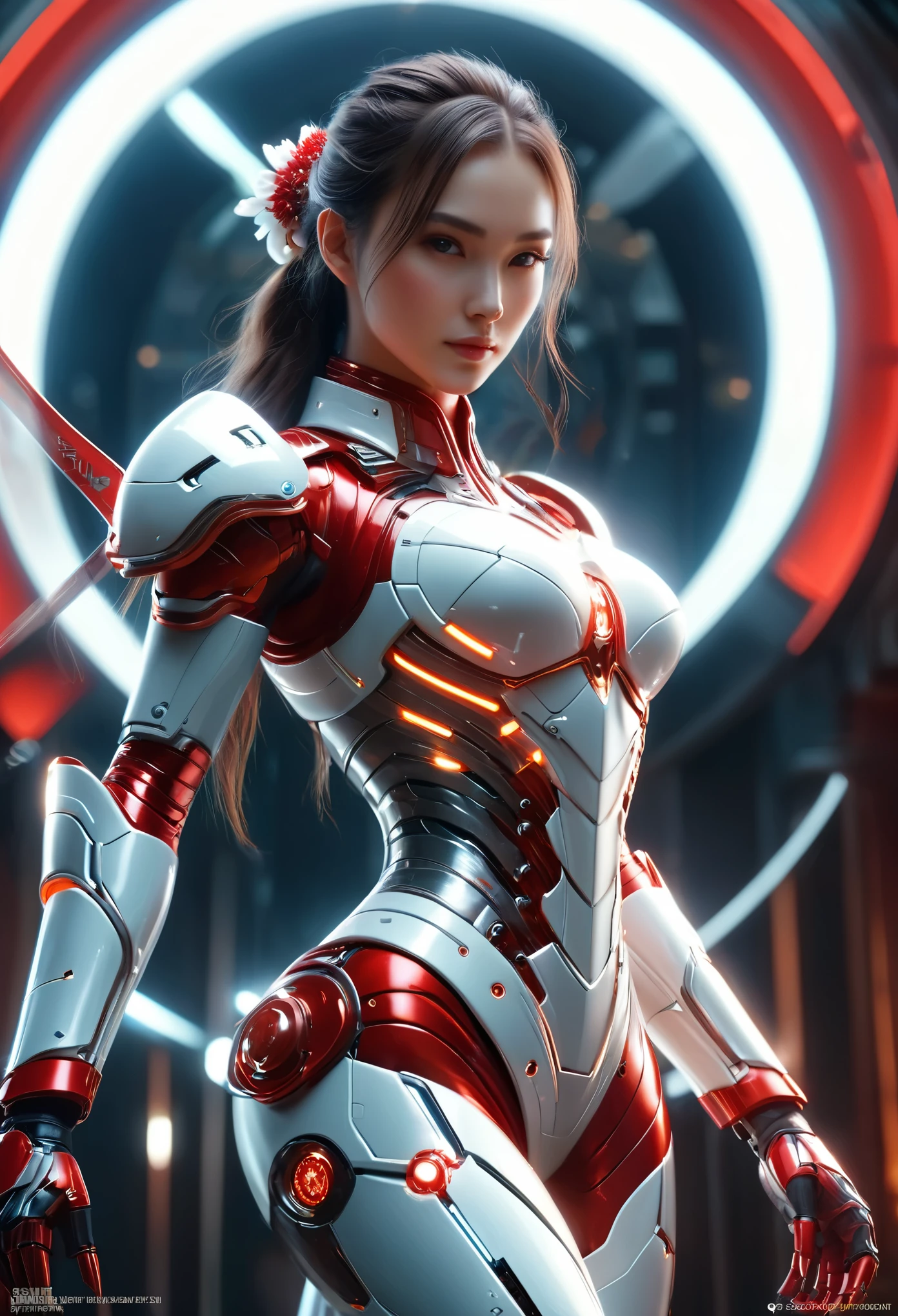 (Best Quality, 4K, 8K, High Resolution, Masterpiece: 1.2), (Super Detailed, Realistic, Photorealistic:1.37), A woman in futuristic clothing holding a futuristic sword, Trending on cgstation, Trending on cgstation, (Portrait of a girl in the Knights of the Zodiac:1.4), (blunt bangs:1.5), Cute Cyborg Girl, Perfect android girl, Portrait Astronaut Girl, Beautiful girl cyborg, Girl wearing red white mechanical cyber armor, Game CG, cgsociety and fenghua zhong, Beautiful Cyborg Shrine Maiden, Bioluminescence, (Gal Gadot:0.6)