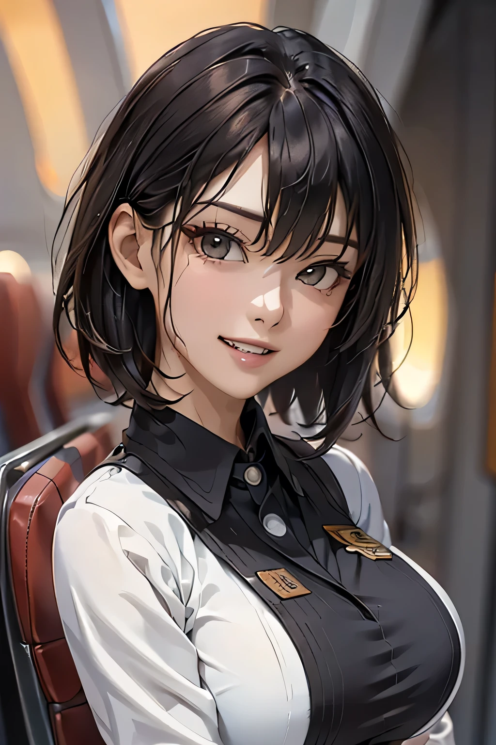 (masterpiece, Highest quality, 8k, Intricate detaileds, 超detailed, Ultra-high resolution,) 1 female, alone, A beautiful and ripe year, (Flight attendant uniform:1.4), Are standing, ((Beautiful Face)), (detailedな顔), (Perfect Teeth), double eyelid, eyelash, 唇のdetailed, Grin, (Black short hair), (Huge breasts), detailed, Perfect body, ((Cowboy Shot)), (background: Inside the plane)