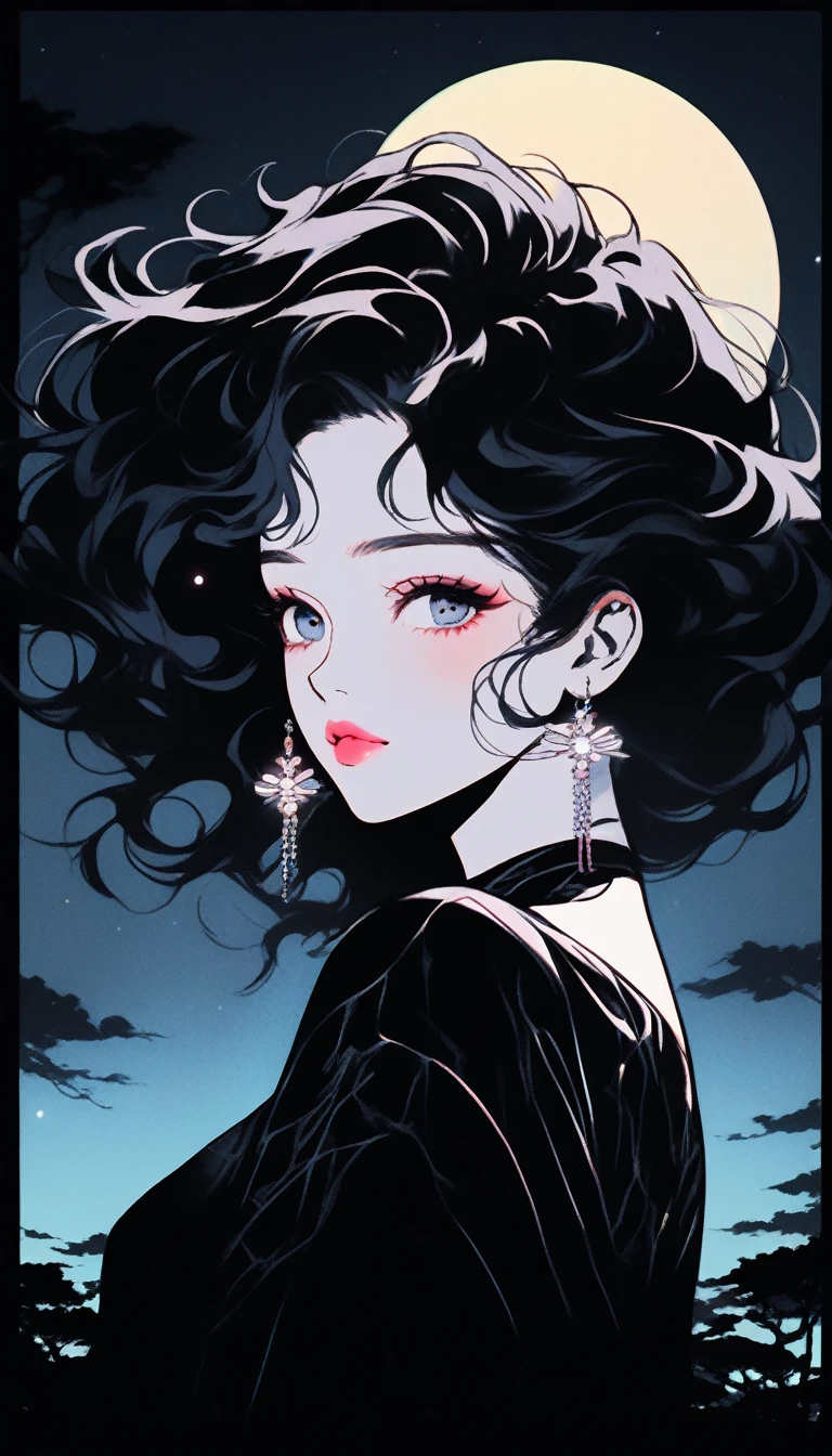 (Highest quality, sketch:1.2),Realistic,Illustrator,anime,1 , Detailed lips,custom,Gradient Background,Neon Hair,Texture Cropping,masterpiece, Style: Retro Classic, Dark Black、Under the Moon、Queen、Fleeting、beautiful girl