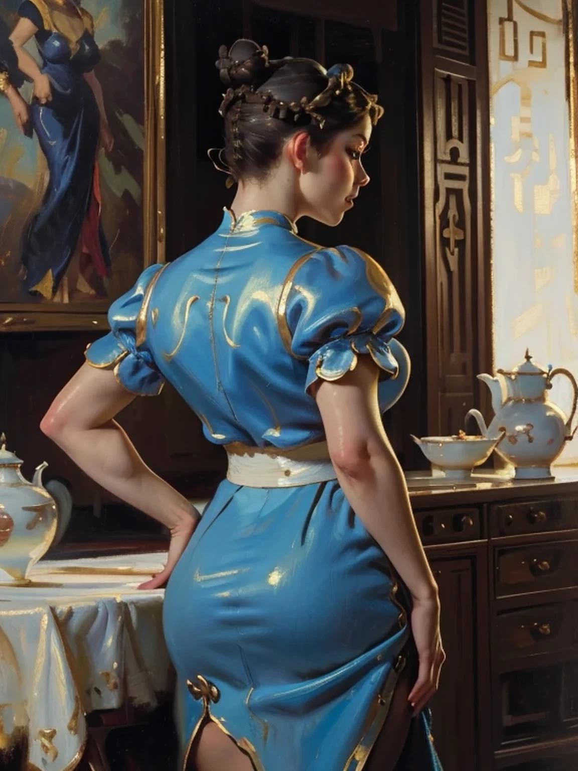 (AOC:1.1), (Oil painting:1.2), from behind, encorvado, Curved, Slightly Wide hips, thick thighs, (chun li:1.3), brown hair, ((Double bun hair:1.2, Bun cover:1.5)), lipstick, makeup, blue dress, Blue cheongsam with side slits, Blue footwear, brown pantyhose, chinese clothes, cross-laced footwear, gold trim, pelvic curtain, short sleeves, puffy sleeves, sash, spiked bracelet, Afternoon at the Summer Resort, From inside the hotel, by sargent, ((masterpiece, best quality, high resolution))