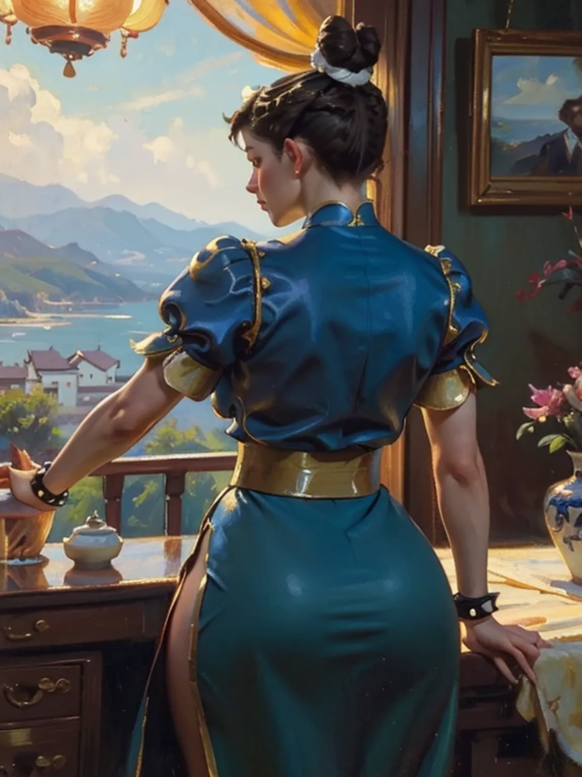 (aoc:1.1), (oil painting:1.2), from behind, encorvado, curved, slightly wide hips, thick thighs, (chun li:1.3), brown hair, ((do...