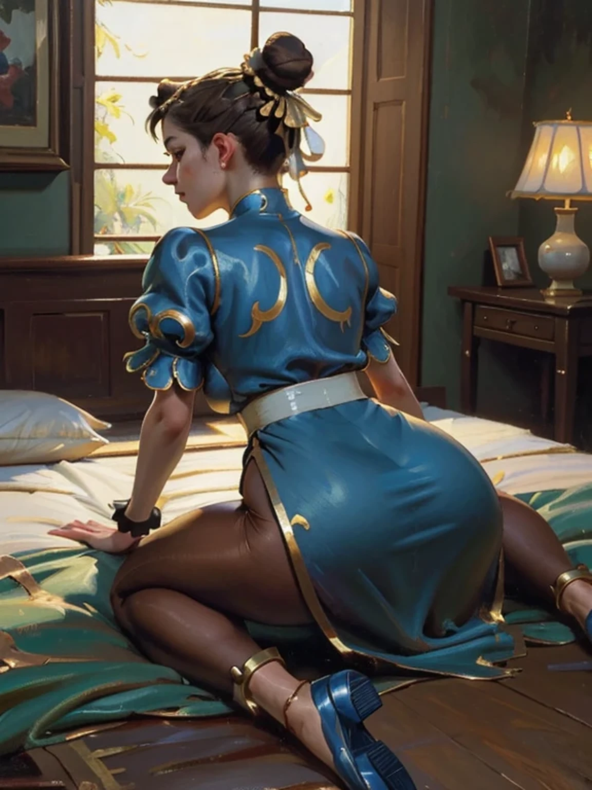 (AOC:1.1), (Oil painting:1.4), from behind, ((Lying face down on the bed)), Accentuate butt, (Curvaceous, On all fours, Stick butt out), Slightly Wide hips, thick thighs, (Chun-Li:1.3), brown hair, ((Bun and bun cover on both sides of the head:1.4)), blue dress, Blue cheongsam with side slits, Blue footwear, brown pantyhose, chinese clothes, cross-laced footwear, gold trim, pelvic curtain, short sleeves, puffy sleeves, sash, spiked bracelet, Afternoon at the Summer Resort, From inside the room, natural lighting, (Face away), by sargent, ((masterpiece, best quality, high resolution))