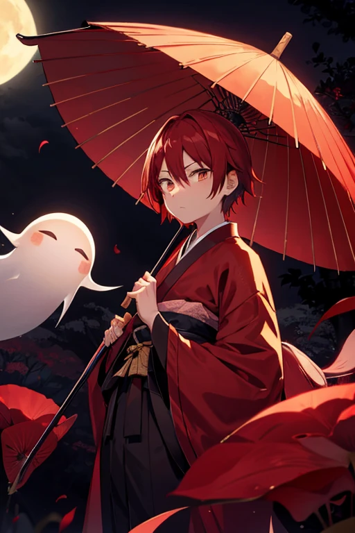 Red hair　Brown eyes　Slender　Slender　Sad look　Shota　ghost　Japanese sword　umbrella　moon　lotus　kimono　forest