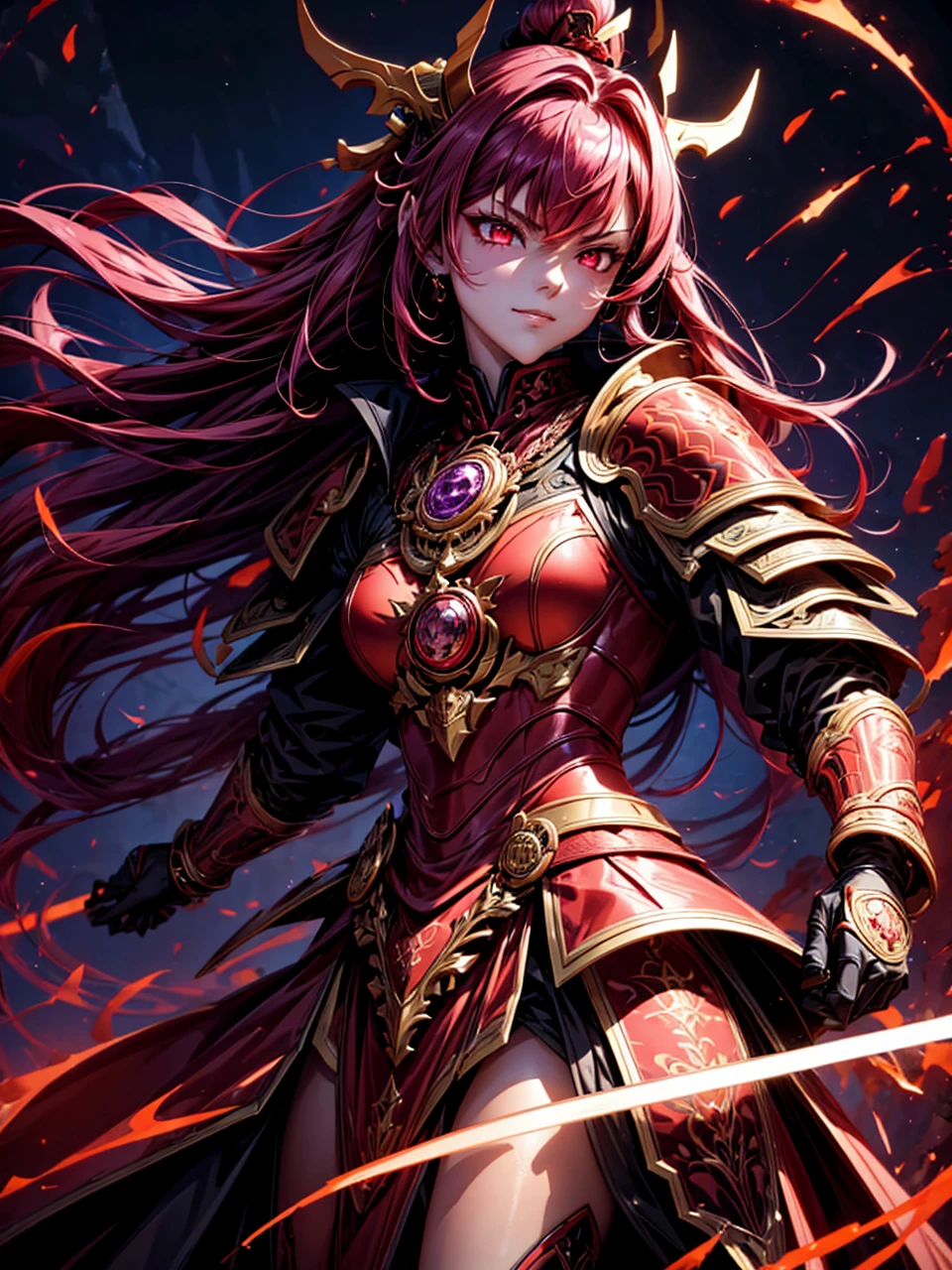 best quality,4K,high resolution),Ultradetailliert,realistisch,portrait, Lila Samurai Sukkubus mit einen katana dunkelrotem Haar, a purple-dark red armor with gold neon lights with gold trim and glowing red eyes, Leuchtende Farben, delicate features, seductive glance, Charming smile, wallende Haare, sanfte Beleuchtung