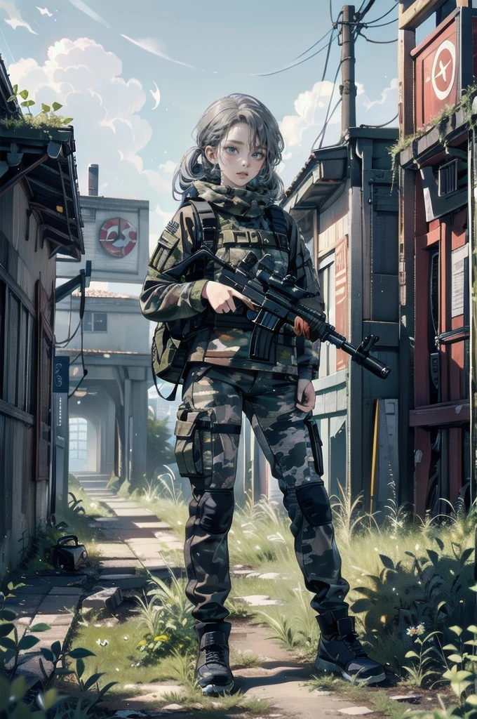 One Woman,Sniper兵,sniper rifle,Barrett M72,Playing a very long barrel, ((blue eyes,Gray Hair)) the woman is a survival game avatar,battle royale,war、Ready your gun?、Sniper,Close one eye,Target、
