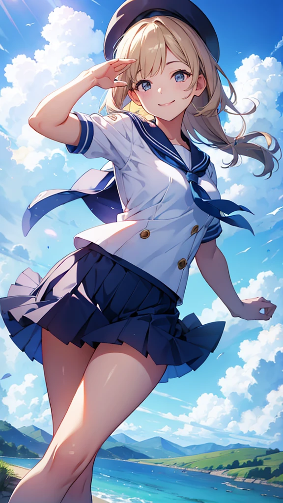 Innocent and lively,,smile,Sailor suit,Pleated skirt,Dynamic appearance,blue sky,Rural Scenery,cumulonimbus,