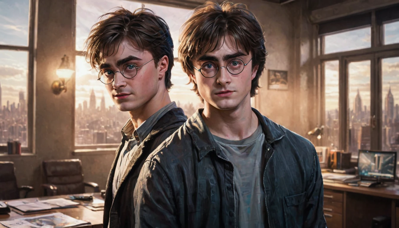 two young men standing in an office with a city view, harry potter in cyberpunk, by Fuller Potter, harry potter portrait, art from harry potter, portrait of harry potter, harry, harry potter style, hogwarts 2 0 7 7, daniel radcliffe as harry potter, realistic art style, inspired by Fuller Potter, hyper-realistic, hyper - realistic, harry potter