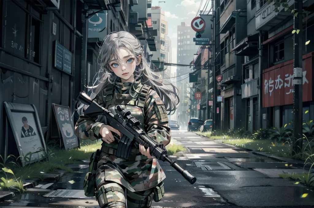 One Woman,Sniper兵,sniper rifle,Barrett M72,Playing a very long barrel, ((blue eyes,Gray Hair)) the woman is a survival game avatar,battle royale,war、Ready your gun?、Sniper,Close one eye,Target、
