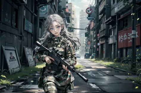 one woman,sniper兵,sniper rifle,barrett m72,playing a very long barrel, ((blue eyes,gray hair)) the woman is a survival game avat...