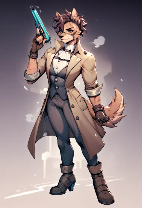 a anthropomorphic dog furry yellow detective buff,muscular wearing a detective outfit,brown trench-coat,scars,thick,30’s style. ...