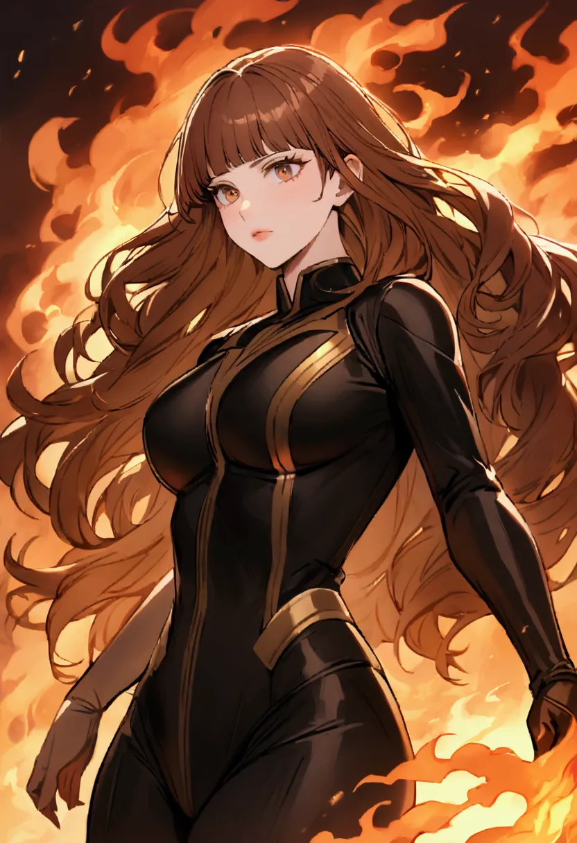 brown haired women with bangs. long hair and brown eyes. she is a pro hero and wears a black hero suit without a cape. her power...