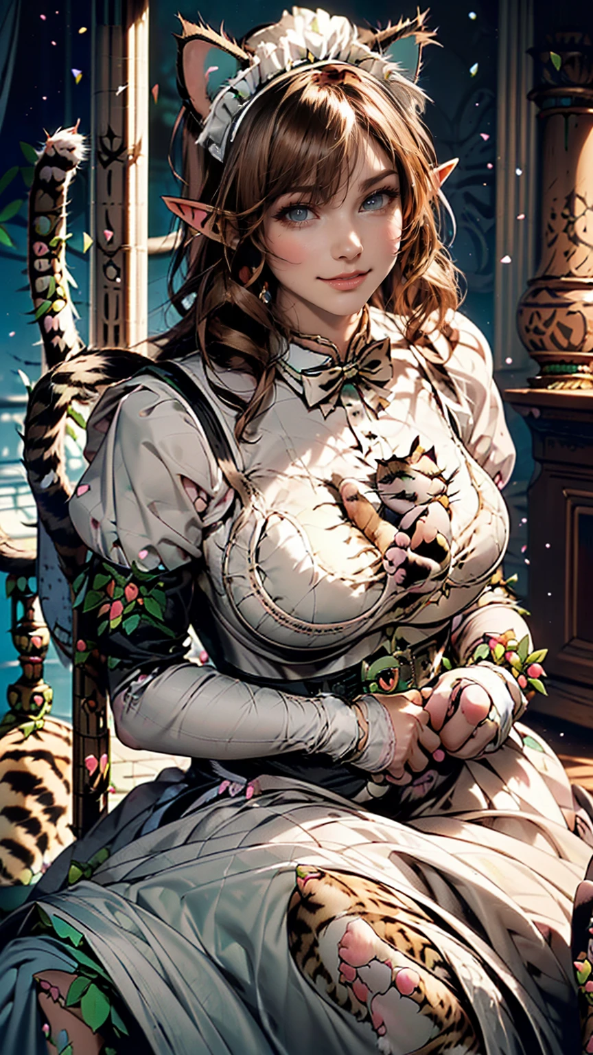 Beautiful woman, (Elf Queen:1.4) Sitting on the throne,(Cat maid outfit:1.8) , Perfect Face, whole body, Victorian era, Aristocratic costume, Intricate decoration, spelling, talk, smile, Put your arms behind your back, Soft Rim Light, Beautifully detailed skies, masterpiece, Ultra-high resolution, high quality, 4K, (photographrealistic:1.2), photograph,