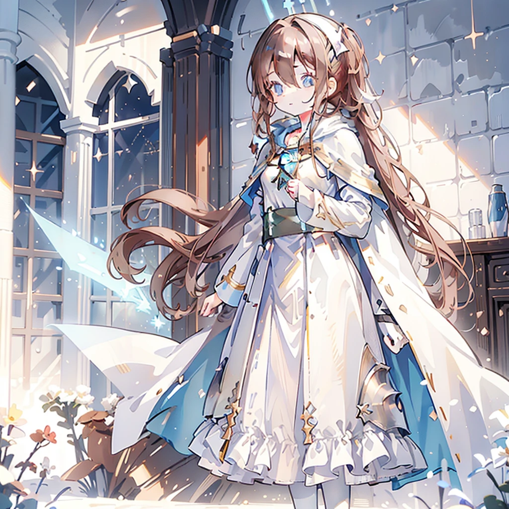 Asuna, Asuna_(Star), (1 Girl,Solitary) ,fantasy, high resolution, No.19,  The original, (Wear at waist:1.3), Smile, (White Knight Wizard Cape:1.5), short hair, Medium breasts, Looking at the audience, Bangs ,Delicate hazel eyes, Beautiful background, ((morning sun,Western-style private room)), Put your hands on your chest,(Brown hair,Short Ponytail:1.5), (Platinum Knight Wizard Fully Armored:1.55),short hair, permanent,straight on, Abeke,(whole body:1.1), White stockings,(Abeke:1.4),