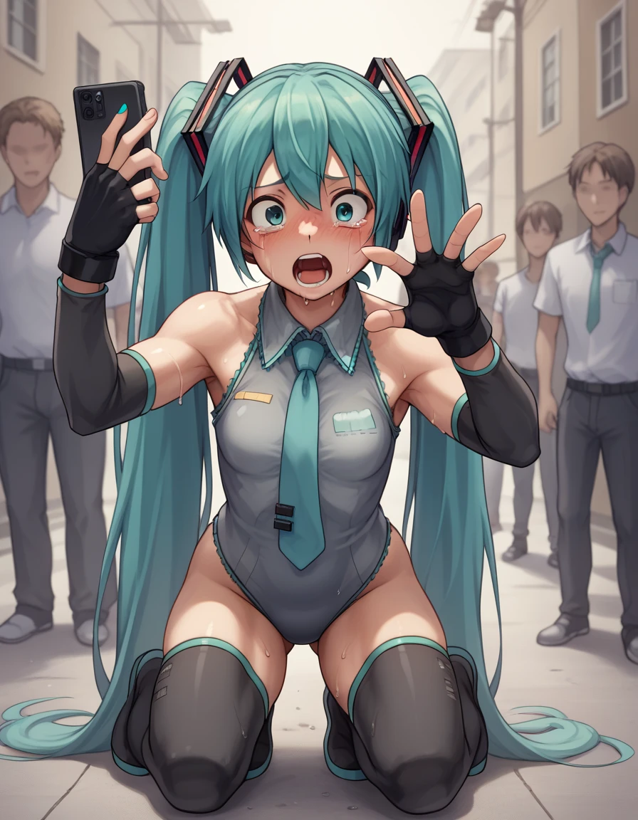 Hatsune Miku, A bodysuit worn under clothing, Fingerless gloves, leotard, Removable sleeves、Photographed with a smartphone、、、Escape to, score_9, score_8_superior, score_7_superior, score_6_superior, score_5_superior, score_4_superior、Inspired by Japanese manga style, Manga style, How to draw manga, Digital drawing, An 8K masterpiece depicting a Japanese manga about girls in their twenties, Act as a slave, Anguished expression, A gesture of defeat,  . She is crying and screaming. , shortness of breath, , close your eyes, fatigue, Sweaty. . My open fingers are rough. whole body. . Six Pack Abs. . information. Surrounded by a crowd.full body