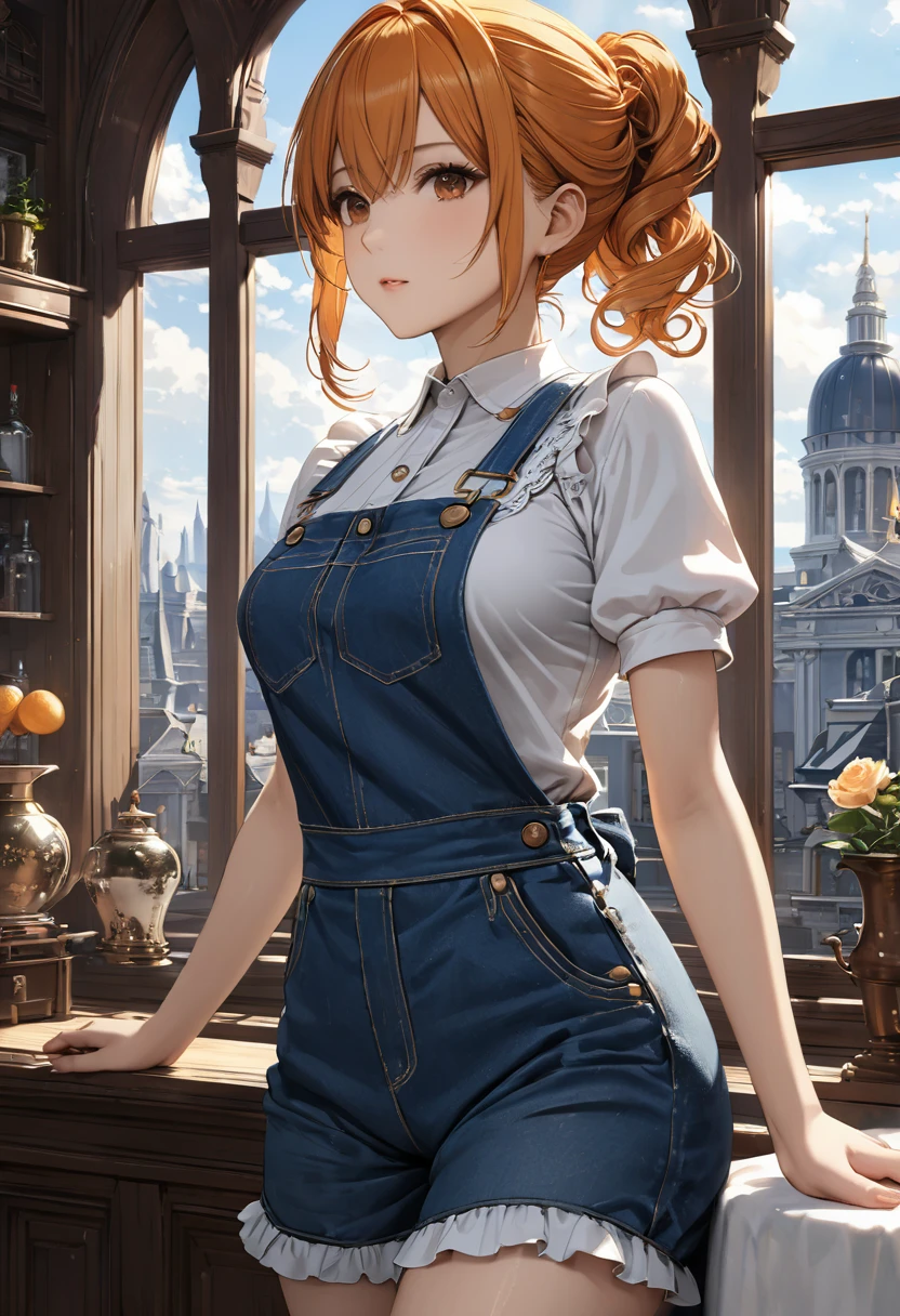 (Very detailed CG ユニティ 8k 壁紙,masterpiece, Highest quality, Very detailed),Western-style building、Orange hair medium curl hair ponytail、(Maid clothes＋Overalls)、