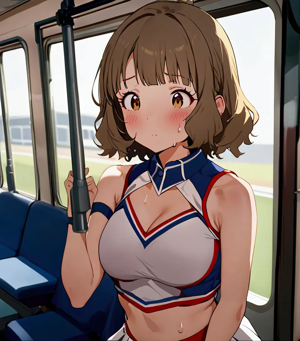 masterpiece, accurate, high resolution, one girl, big breasts, cheerleader, sweating, on train, puzzled look, momoko suo, cute