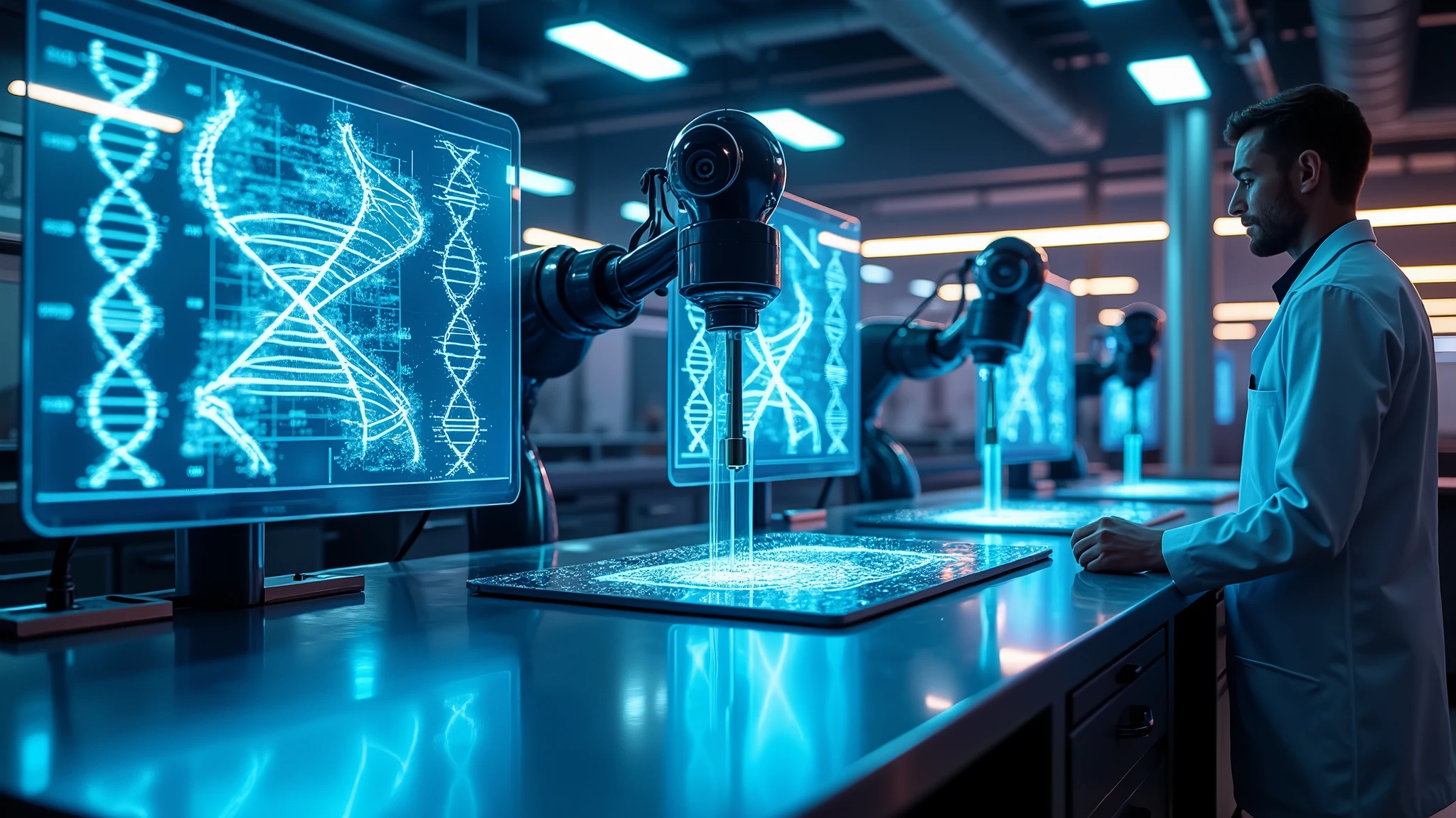 Arafed image of a man in a lab coat looking at a computer screen