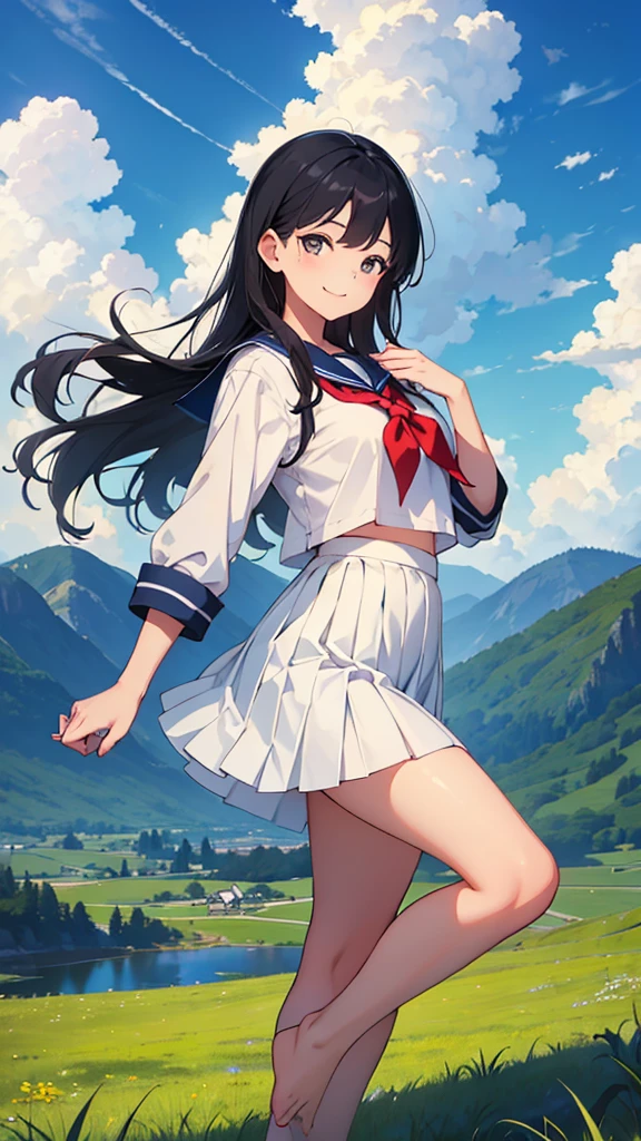 a beautiful young girl in a sailor suit, pleated skirt, and long black hair smiling happily in a dynamic pose against a blue sky with cumulonimbus clouds, in a rural scenic landscape