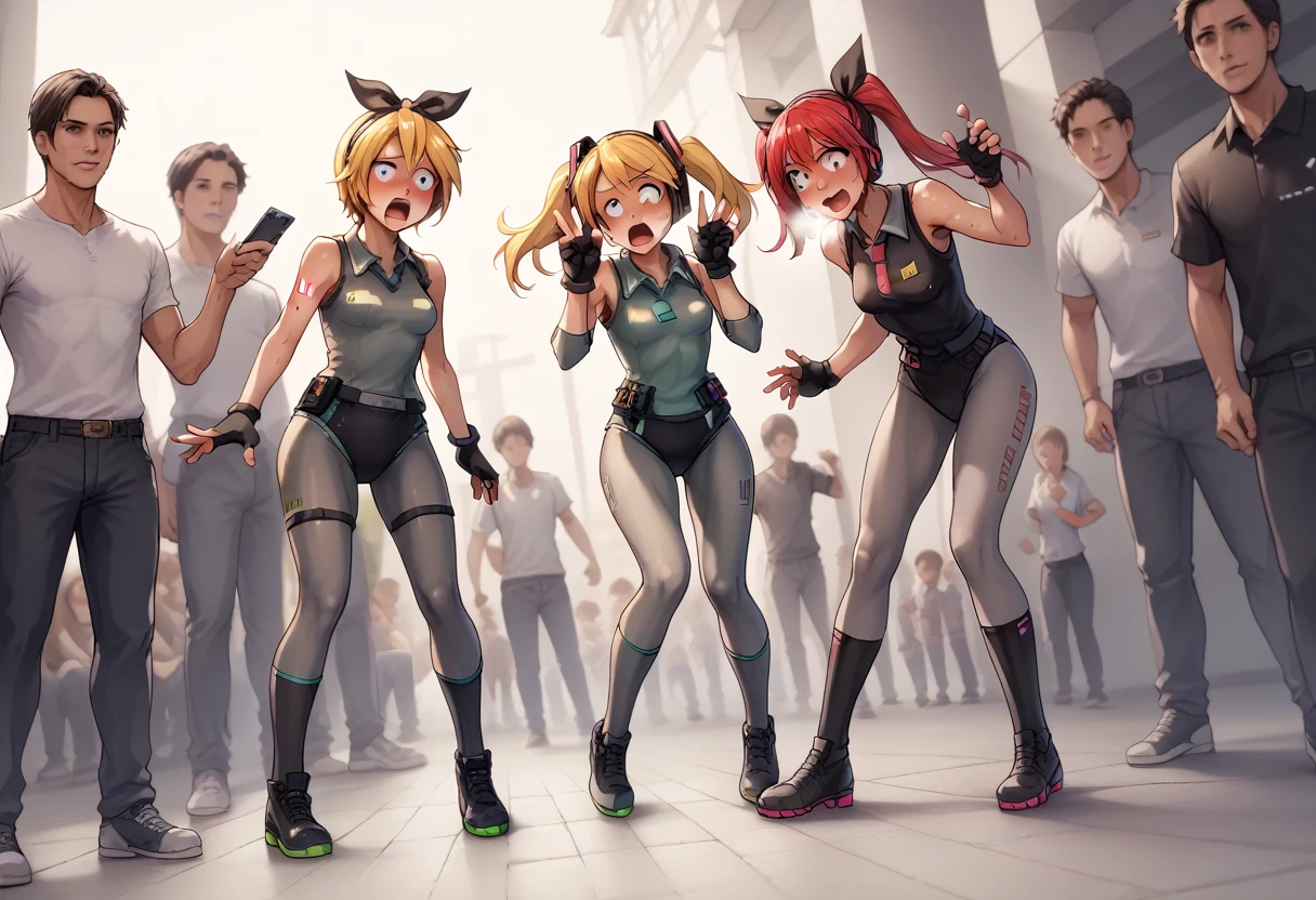 Hatsune Miku and Kagamine Rin, A bodysuit worn under clothing, Fingerless gloves, leotard, Removable sleeves、Photographed with a smartphone、、、Escape to, score_9, score_8_superior, score_7_superior, score_6_superior, score_5_superior, score_4_superior、Inspired by Japanese manga style, Manga style, How to draw manga, Digital drawing, An 8K masterpiece depicting a Japanese manga about girls in their twenties, Act as a slave, Anguished expression, A gesture of defeat,  . She is crying and screaming. , shortness of breath, , close your eyes, fatigue, Sweaty. . My open fingers are rough. whole body. . Six Pack Abs. . information. Surrounded by a crowd.full body