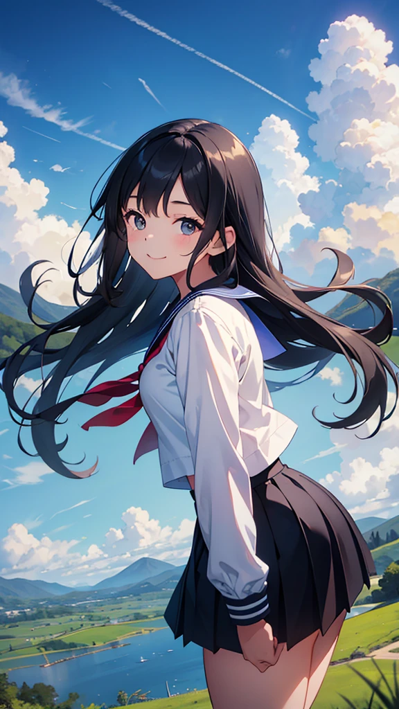 a beautiful young girl in a sailor suit, pleated skirt, and long black hair smiling happily in a dynamic pose against a blue sky with cumulonimbus clouds, in a rural scenic landscape