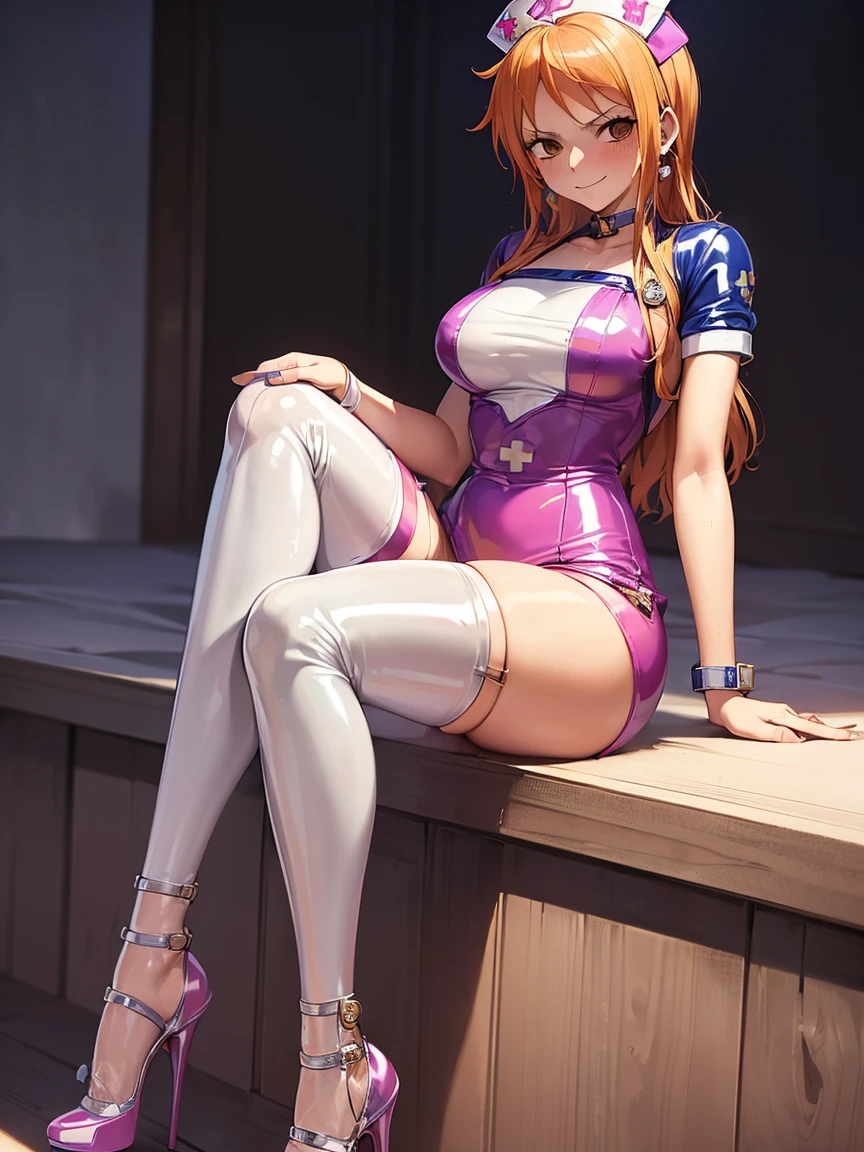 ((Top quality)), ((Masterpiece)), ((best quality:1.2,)) (((Nami (One Piece), 1girl, solo))), (((((nurse Outfit, latex high heels))))),