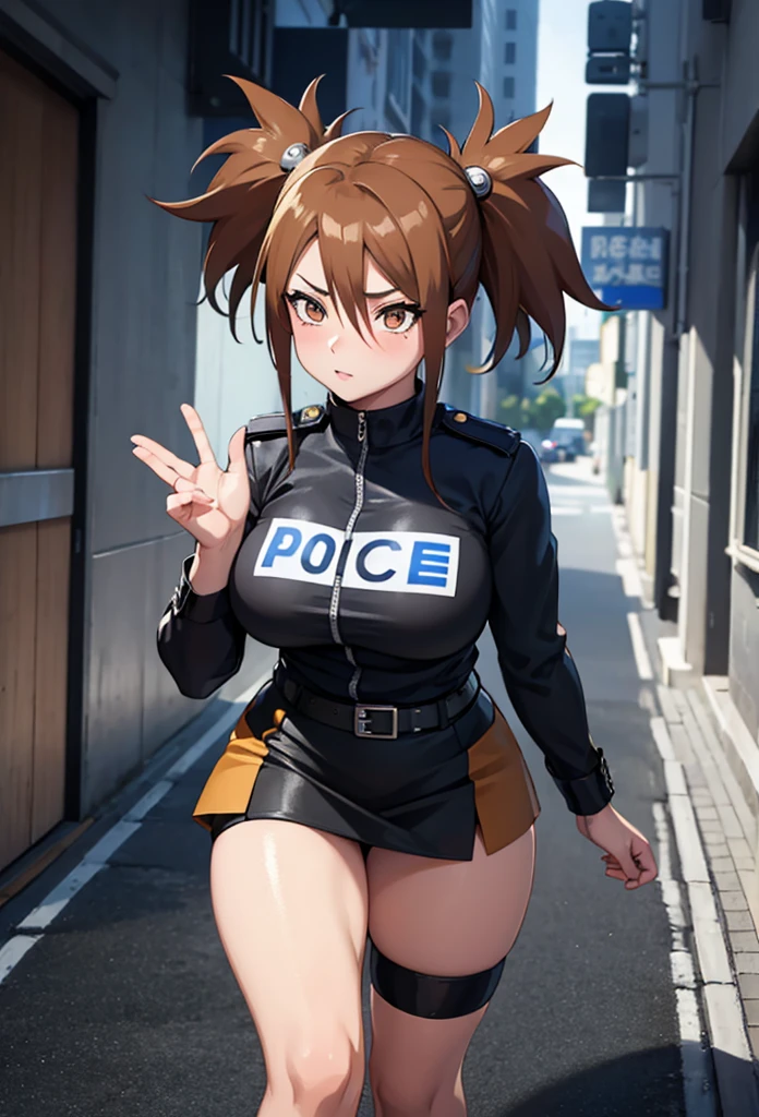 Masterpiece,Solo,1Girl,Chocho Akimichi,(Boruto)Big Breasts,Perfect Body,Sexy Body Hot,Ultra High Quality,Ultra High Resolution,Photograph 16K,Ultra Detailed,Twin Tails,Brown Hair,Beautiful,Beautiful Girls,Female Police Theme,Female Police Uniform,Police Short Skirt,Police Hat,Sexy Body Hot,Sexy Uniform,Street Version 