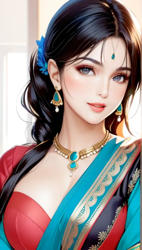 ((1woman, mature,single hair braid,saree, big long  jhumka earrings , detailed alluring eyes, smooth detailed lips, beautiful fa...