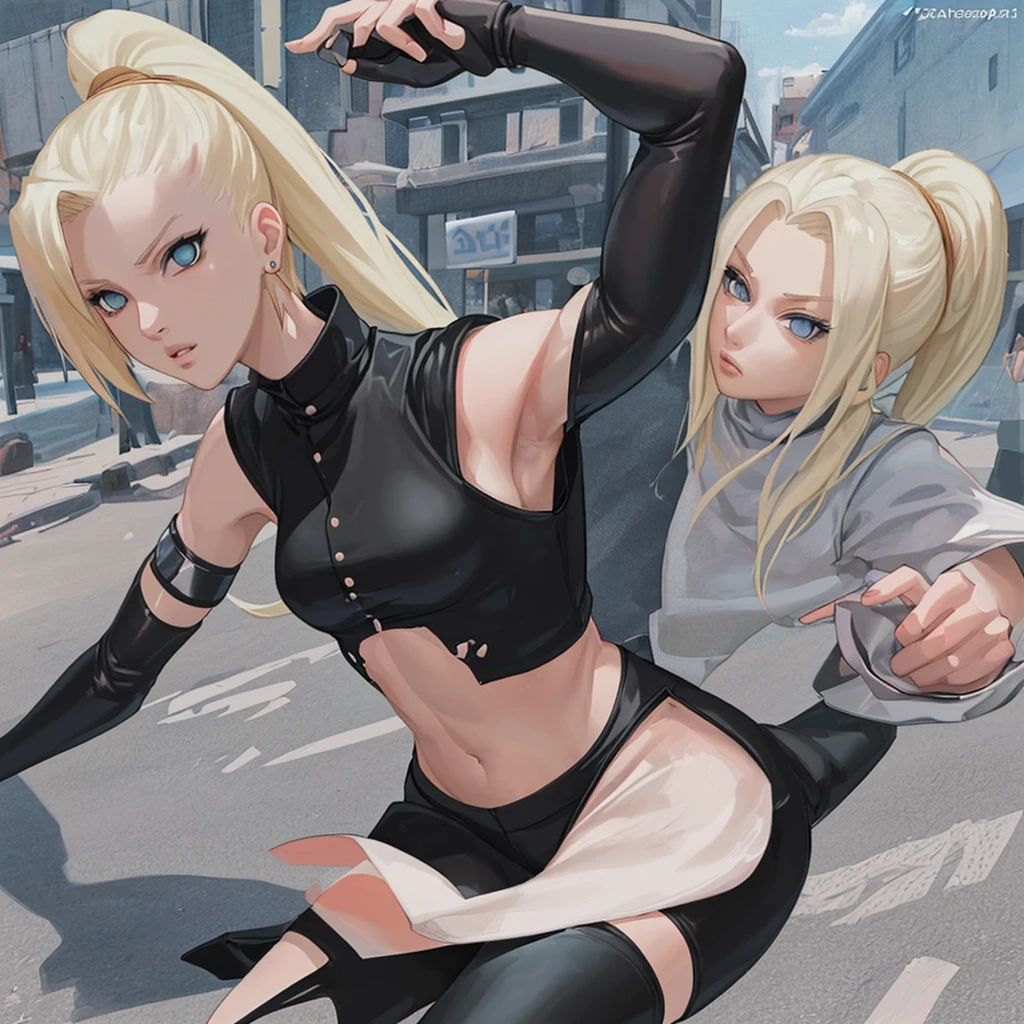 ((Best quality)), ((masterpiece)), (detailed), perfect face, yamanaka ino, black skinny leggings, Black Short Top, to the streets