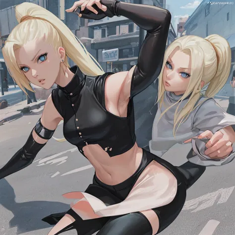 ((best quality)), ((masterpiece)), (detailed), perfect face, yamanaka ino, black skinny leggings, black short top, to the street...