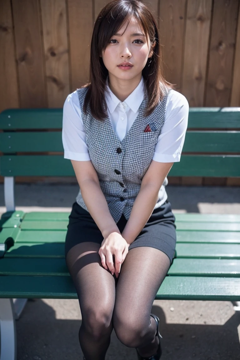 Urzan-6500-v1.1, (RAW Photos:1.2), (Realistic), (Genuine:1.4), １、Perfect Anatomy、42 years old、Looking into the camera、Medium Long Hair、Plaid vest、((Sit on a bench:1.3))、(Ultra-realistic pantyhose:1.2), (High heels)、(Business services)、Cowboy Shot