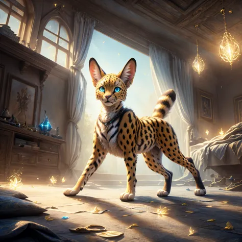 a scared feral female serval with grey fur, yellow hairs, glowing blue eyes, standing on all fours, traces of magic floating aro...