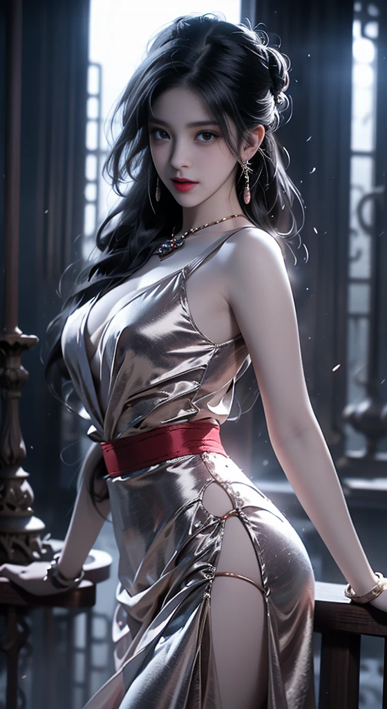 （（Bare shoulders））、（（Full breasts））、（（The skirt is very short））、（（Sexy legs））、（（whole body））、practical、Fashion Girl、Red lips、become a、Exquisite makeup、big eyes、beauty、（Best quality、masterpiece：1.2）、Extremely detailed、Front angle，For the audience，（practical：1.37）、（（Random Scenes，Front-facing shooting angle））、（（Sexy long legs））、Young and energetic、Charming model、（Exquisite eyes、Delicate lips），Extra large breasts, beauty的胸部,、Show a bright smile、Create stunning girl images， warm color， Extreme art of color saturation， Extremely detailed CG，Unity 8k Wallpaper， （High Dynamic Range：1.4）， （Movie atmosphere）， （Soft colors）， （Natural skin texture， 超practical， Soft Light， sharp），（Very detailed）， night， moonlight