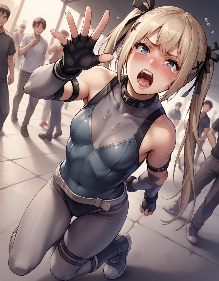 Marie Rose, A bodysuit worn under clothing, Fingerless gloves, leotard, Removable sleeves、Photographed with a smartphone、、、Escape to, score_9, score_8_superior, score_7_superior, score_6_superior, score_5_superior, score_4_superior、Inspired by Japanese manga style, Manga style, How to draw manga, Digital drawing, An 8K masterpiece depicting a Japanese manga about girls in their twenties, Act as a slave, Anguished expression, A gesture of defeat,  . She is crying and screaming. , shortness of breath, , close your eyes, fatigue, Sweaty. . My open fingers are rough. whole body. . Six Pack Abs. . information. Surrounded by a crowd.full body、drunk、