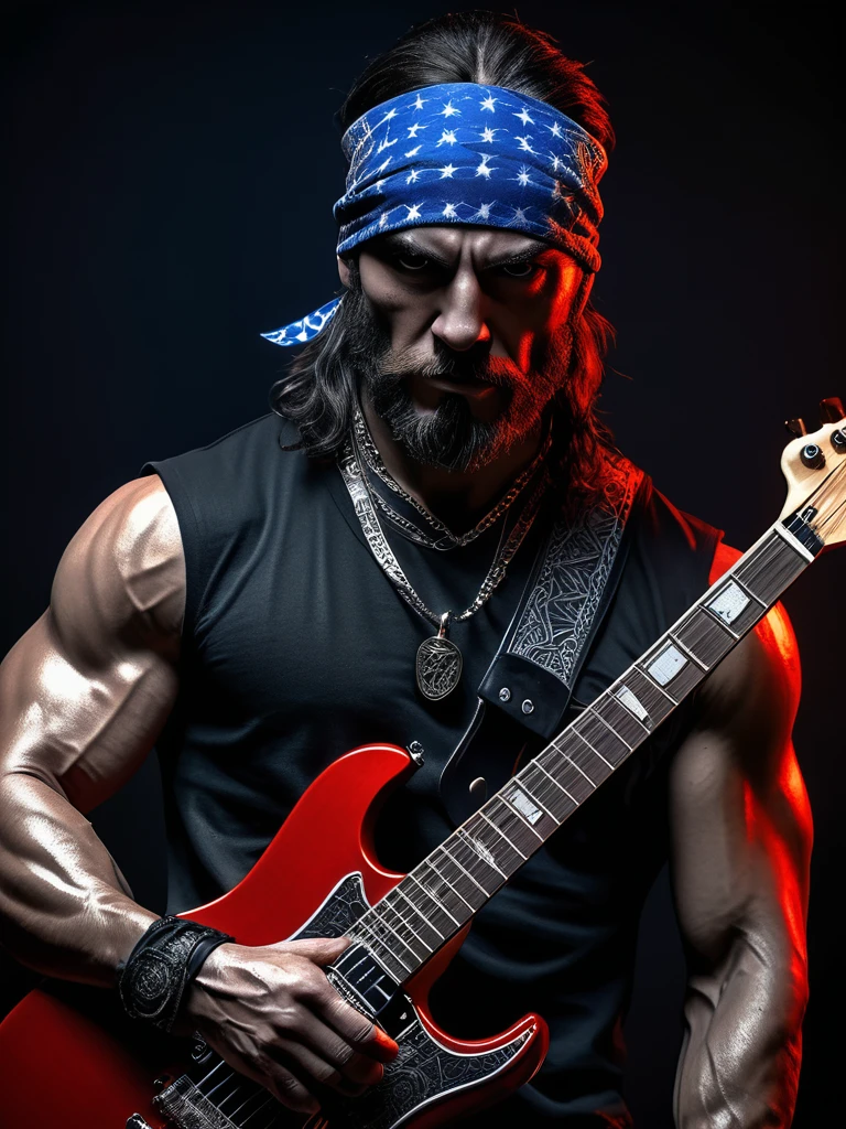 a muscular male metal music artist from America wearing a bandana, detailed face and upper body in a dark electric guitar background, (best quality,4k,8k,highres,masterpiece:1.2),ultra-detailed,(realistic,photorealistic,photo-realistic:1.37),horror,highly detailed portrait,dramatic lighting,dramatic pose,intricate details,electric guitar,dark atmosphere,moody,intense,powerful,chiaroscuro