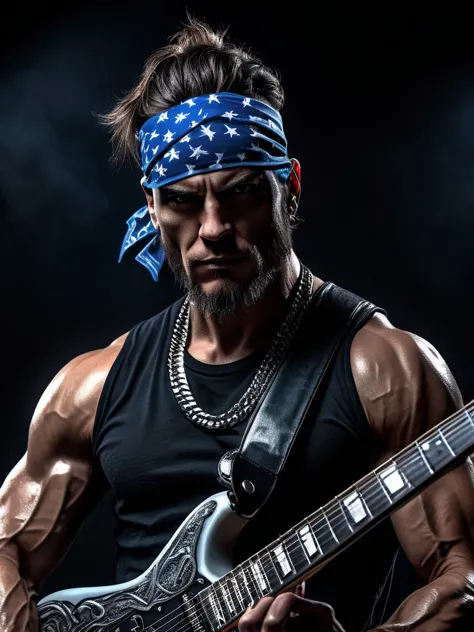 a muscular male metal music artist from america wearing a bandana, detailed face and upper body in a dark electric guitar backgr...