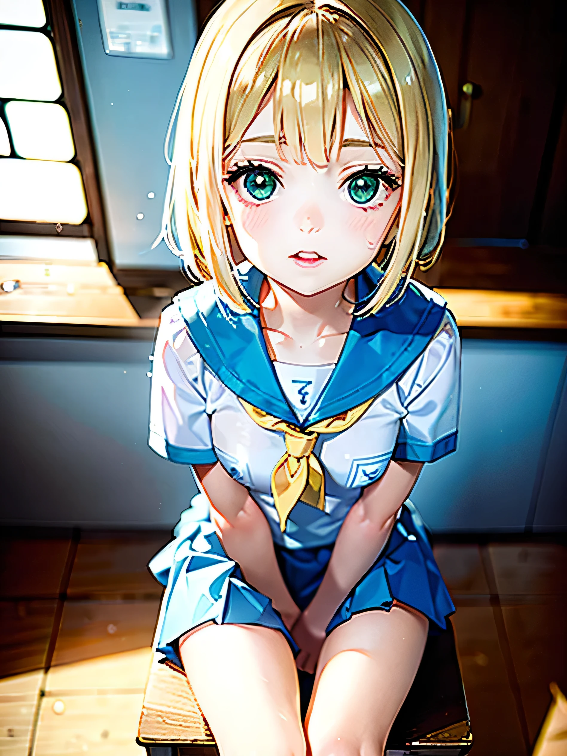 (masterpiece:1.3, best quality, ultra high resolution, very detailed), Pokemon Lillie, pokemon lillie, lillie, beautiful illustrations, perfect lighting, fancy, depth of written boundaries, beautiful and delicate hair, A face with beautiful details, beautiful details, beautiful collarbone, beautiful body, beautiful breasts, beautiful thighs, beautiful feet, beautiful fingers, View viewers, 1 girl, Japanese, High school girls, perfect face, (complete anatomy, anatomically correct), cute and symmetrical face, baby face, glowing skin, blonde, green eyes, long eyelashes, medium chest, thin, sailor uniform, school uniform, (beautiful sight), dinner, in the classroom, At school, stand, (cute smile, gaze upward, open your mouth), beautiful yellow short hair, chest concentration, Super cute, very beautiful,beautiful background,realistic background,realistic photo,Very detailed,short costume, pokemon the gate, the gate, shameful face