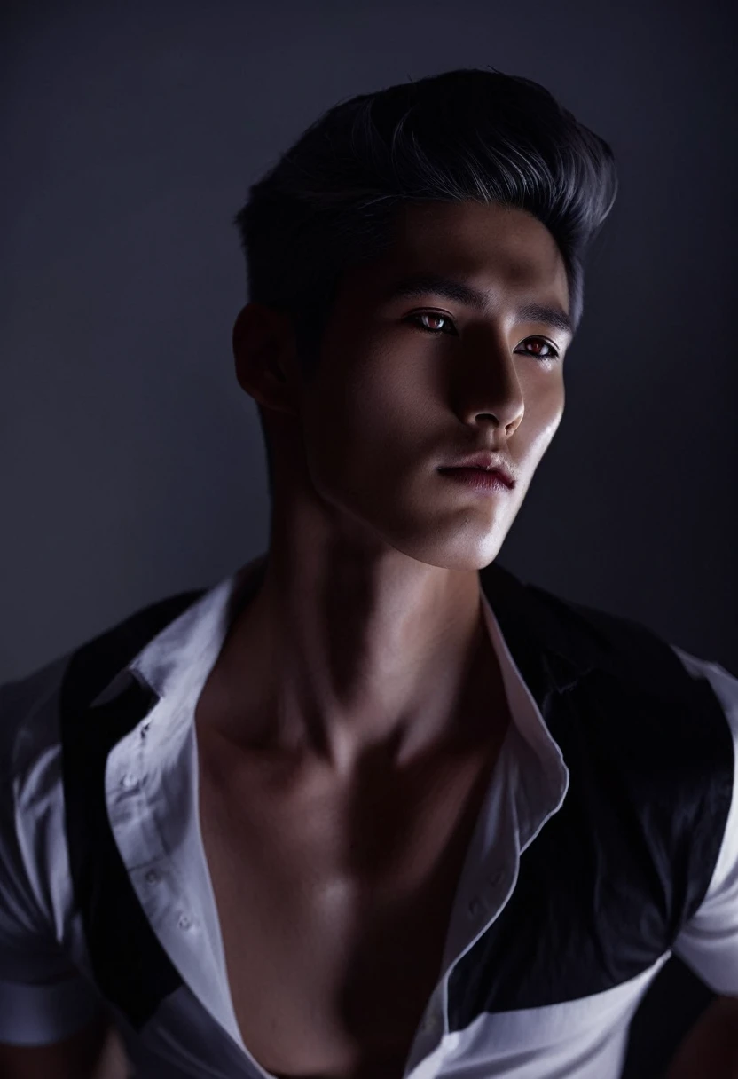 est quality, masterpiece, extremely detailed, full body, extremely handsome, masculine male, fair skin, 27 year old korean man, sharp angled facial features, red eyes, silver middle parting hair, unbuttoned white shirt, exposed chest, pov from below, dark cinematic lighting, dramatic shadows,