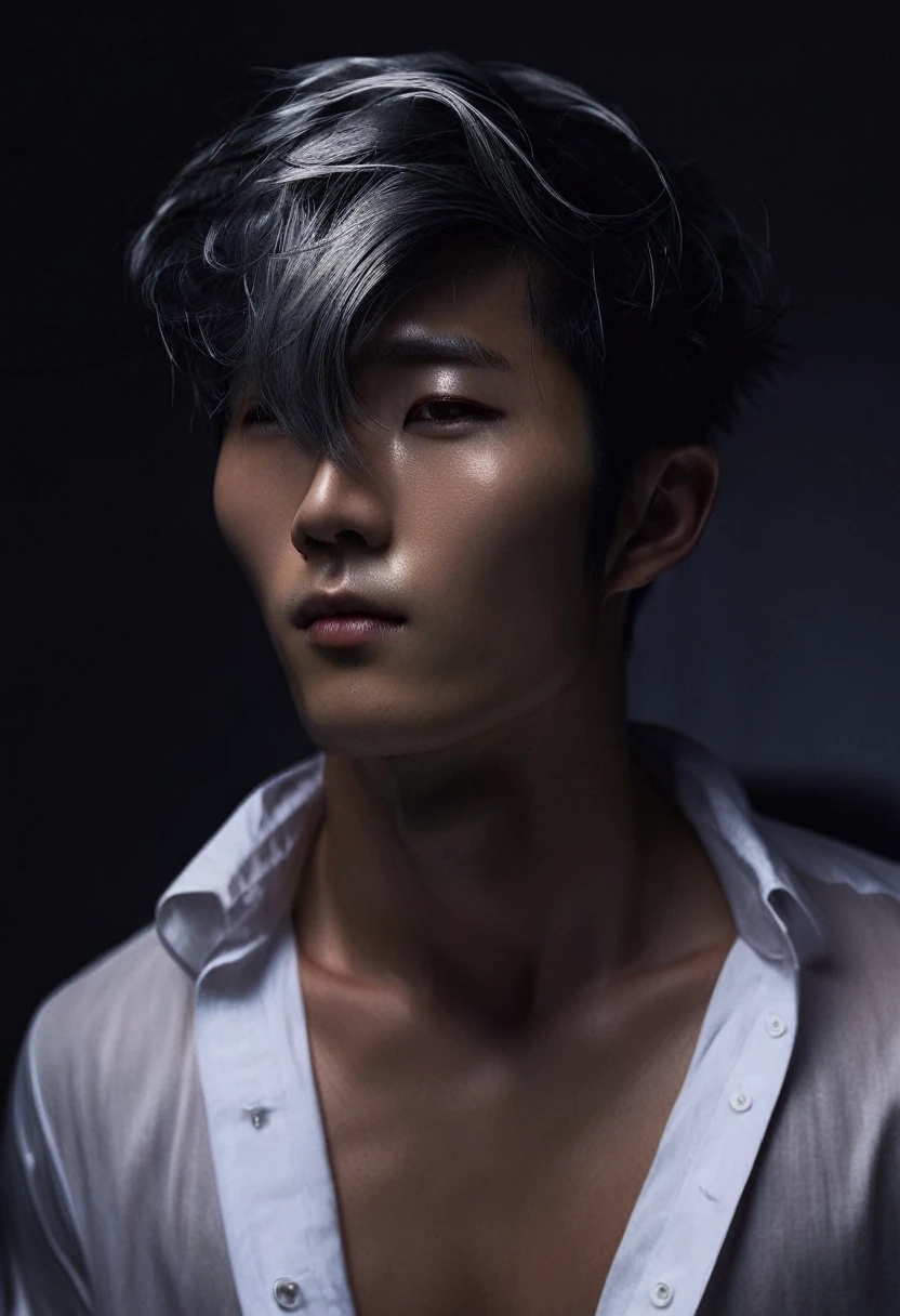 est quality, masterpiece, extremely detailed, full body, extremely handsome, masculine male, fair skin, 27 year old korean man, sharp angled facial features, red eyes, silver middle parting hair, unbuttoned white shirt, exposed chest, pov from below, dark cinematic lighting, dramatic shadows,