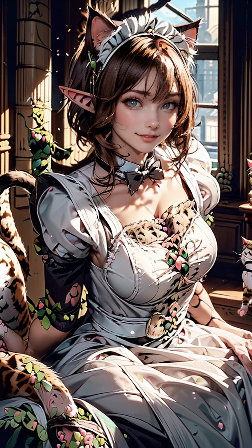 Beautiful woman, (Elf Queen:1.4) Sitting on the throne,(Cat maid outfit:1.8) , Perfect Face, whole body, Victorian era, Aristocratic costume, Intricate decoration, spelling, talk, smile, Put your arms behind your back, Soft Rim Light, Beautifully detailed skies, masterpiece, Ultra-high resolution, high quality, 4K, (photographrealistic:1.2), photograph,