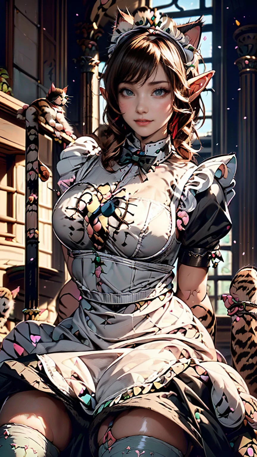 Beautiful woman, (Elf Queen:1.4) Sitting on the throne,(Cat maid outfit:1.8) , Perfect Face, whole body, Victorian era, Aristocratic costume, Intricate decoration, spelling, talk, smile, Put your arms behind your back, Soft Rim Light, Beautifully detailed skies, masterpiece, Ultra-high resolution, high quality, 4K, (photographrealistic:1.2), photograph,