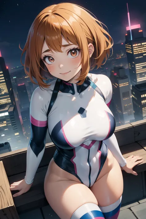 ochaco uraraka  ,1girl , anime , masterpiece  ,  smug smile ,short hair, spider-gwen  custome  leotard  ,collant,  coxas , huge ...