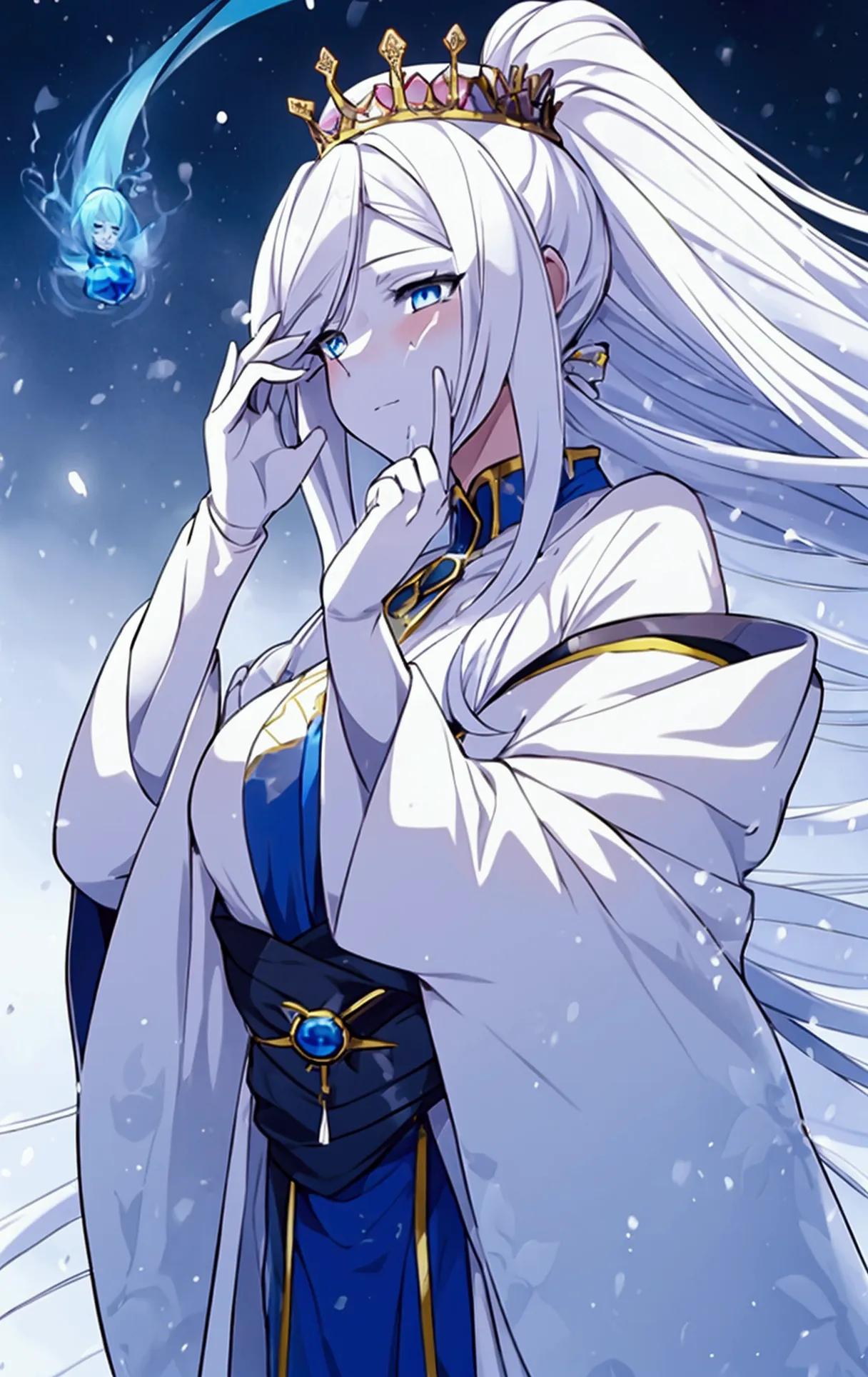 ((the queen who took her face skin and replaced her)), anime girl with long white hair and blue dress in the snow, white-haired ...