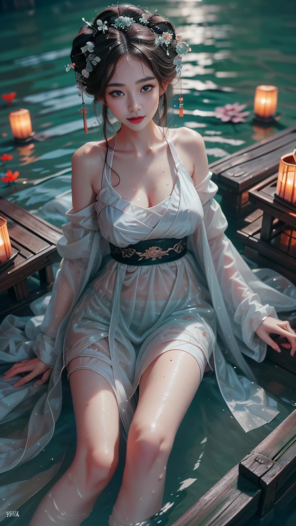 （（Bare shoulders））、（（Full breasts））（（Aerial View））， 1 Girl， A very beautiful woman， Plump and slim woman， Correct limbs， Right hand， in the darkness，Red lips， （（float，water，float））， （（Lie down））， （（躺在池塘里玩water））， night， night景， moonlight， quaint buildings， bamboo huts， plant， My wet hair， Pretty Face， masterpiece， original photo， best quality， detail， Lifelike，Extra large breasts, Beautiful breasts, Very detailed， Official Art，（Extremely beautiful face，Beautiful lips，What beautiful big eyes！），detail脸蛋，Full breasts，Slender sexy legs，腿流water，Very beautiful legs，Sexy pose，grace，A bright smile，炫耀你精致的身材和grace的曲线，Ray Tracing