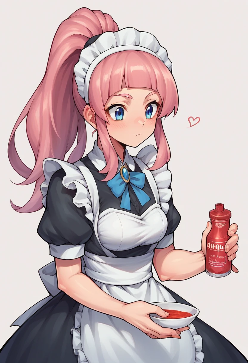 score_9, score_8_superior, score_7_superior, sauce_anime, 1 Felicia Def, Pink Hair, ponytail, blue eyes, Maid&#39;s Headdress, brooch, Maid Apron, Erect nipples, Black knee socks, Bridal Gauntlet,  Mansion, Hands on hips, Assertive