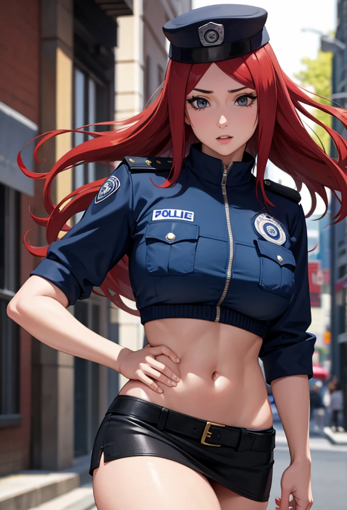 Masterpiece,Solo,1Girl,Kushina Uzumaki,(Naruto)Big Breasts,Perfect Body,Sexy Body Hot,Ultra High Quality,Ultra High Resolution,Photograph 16K,Ultra Detailed,Long Hair,Red Hair,Beautiful,Beautiful Girls,Female Police Theme,Female Police Uniform,Police Short Skirt,Police Hat,Sexy Body Hot,Sexy Uniform,Street Version 