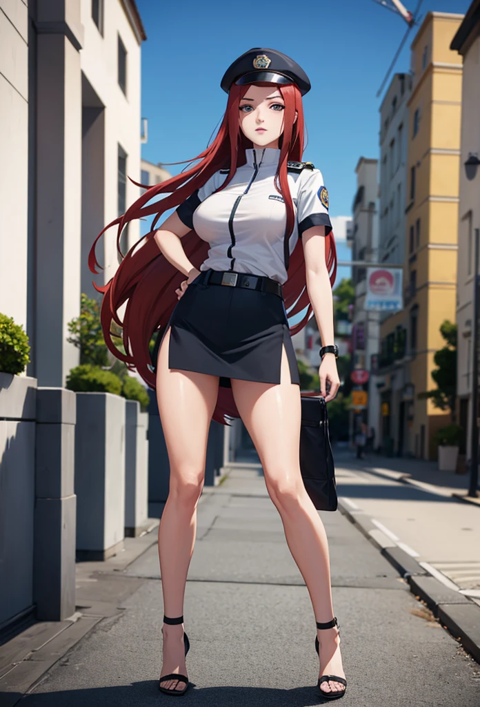 Masterpiece,Solo,1Girl,Kushina Uzumaki,(Naruto)Big Breasts,Perfect Body,Sexy Body Hot,Ultra High Quality,Ultra High Resolution,Photograph 16K,Ultra Detailed,Long Hair,Red Hair,Beautiful,Beautiful Girls,Female Police Theme,Female Police Uniform,Police Short Skirt,Police Hat,Sexy Body Hot,Sexy Uniform,Street Version 