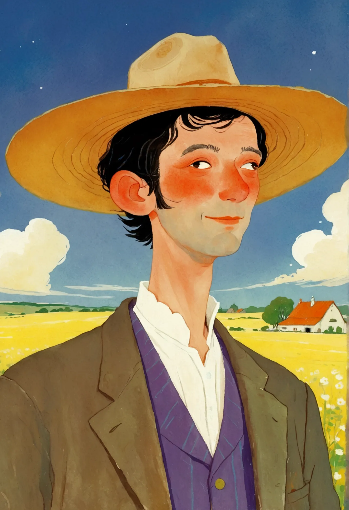 cartoon of a man wearing standing in a field, li renwen&#39;s gouache paintings, flickr, childish art, character with hat, tall ...