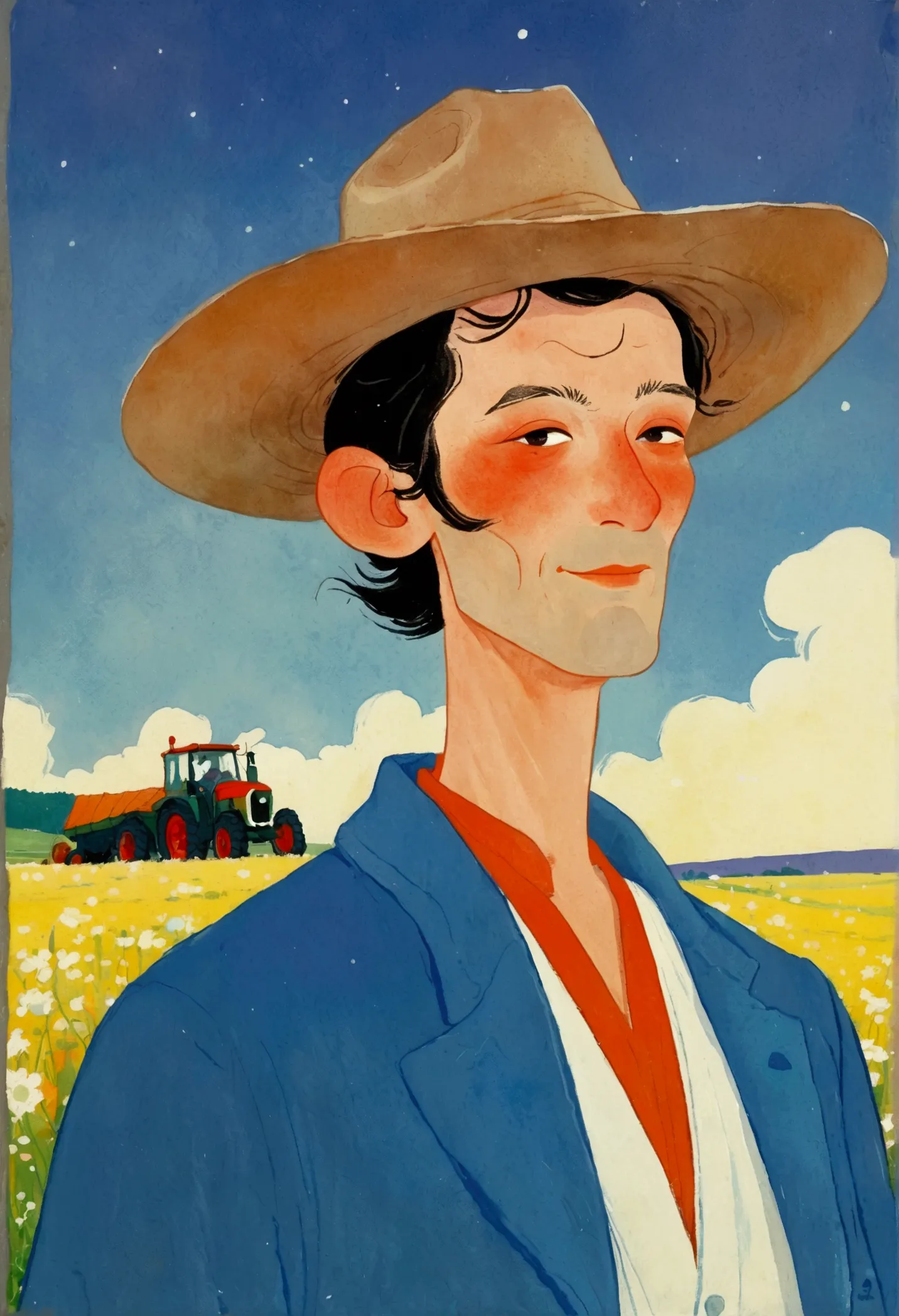 cartoon of a man wearing standing in a field, li renwen&#39;s gouache paintings, flickr, childish art, character with hat, tall ...